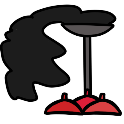 black smoke billowing from a thin chimneystack topped with a bowl shape. at the bottom of the chimneystack are three red zuchetta (cardinal hats).